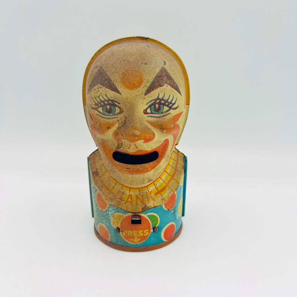 Vintage J Chein Tin Clown Coin Bank